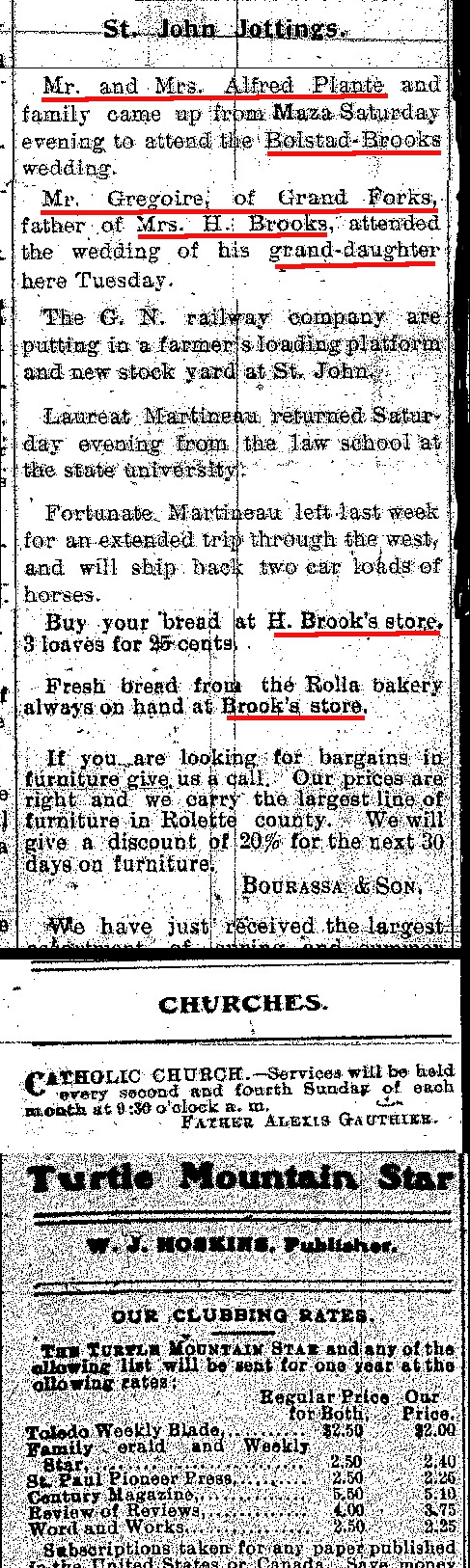 Newspaper St John Jottings re attendees to Marriage of Nellie Brooks to Oscar Bolstad 